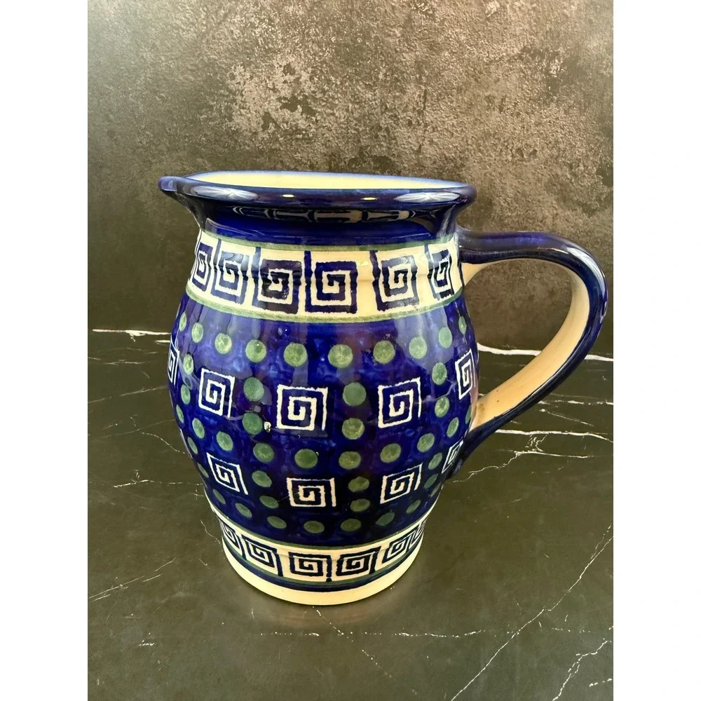 Greek Key Blue Green Stoneware 7in Tall Pitcher Heavy Boleslawiec Polish Style